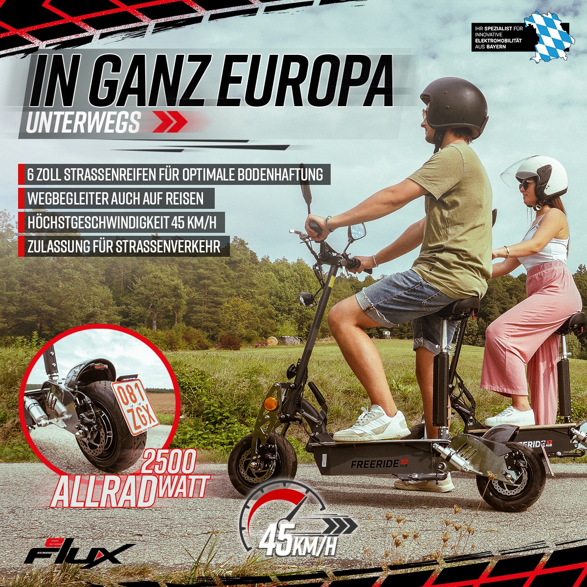 eFlux Freeride X2, E-Scooter mit Straßenzulassung, Hub-Version, Sitz, 2500 Watt, 45 km/h, Easy-Fold (Schwarz)