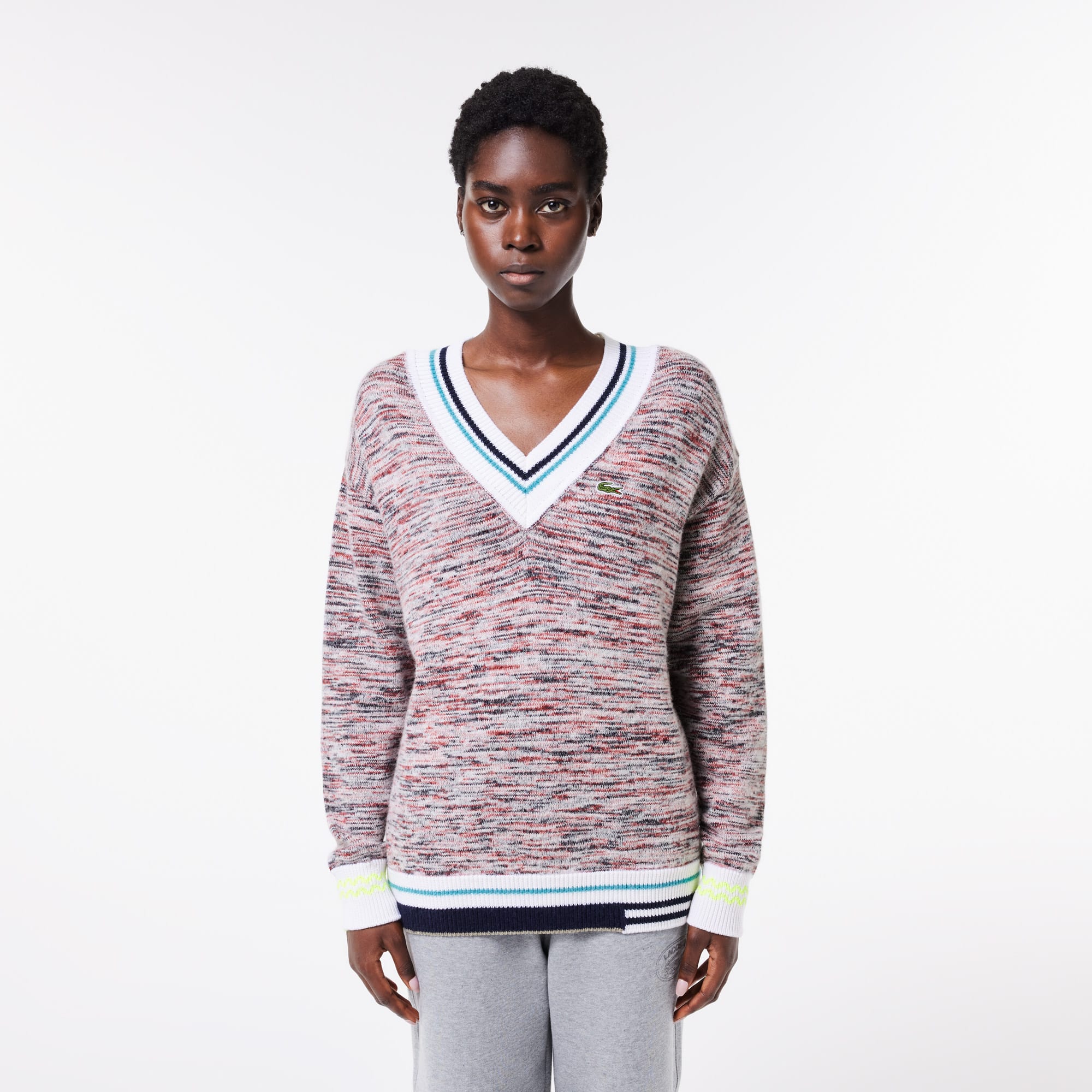 Pull à col V contrasté rayé en alpaga Pullovers - Blanc - Lacoste - Femme