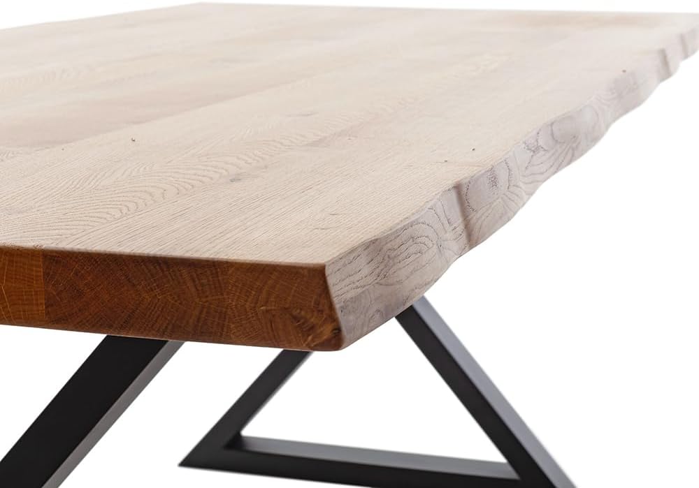 Lomadox Esszimmer Massivholz-Esstisch Tisch 180x100 cm in Wildeiche massiv geölt mit X-Gestell und Baumkantenoptik, Echtholz