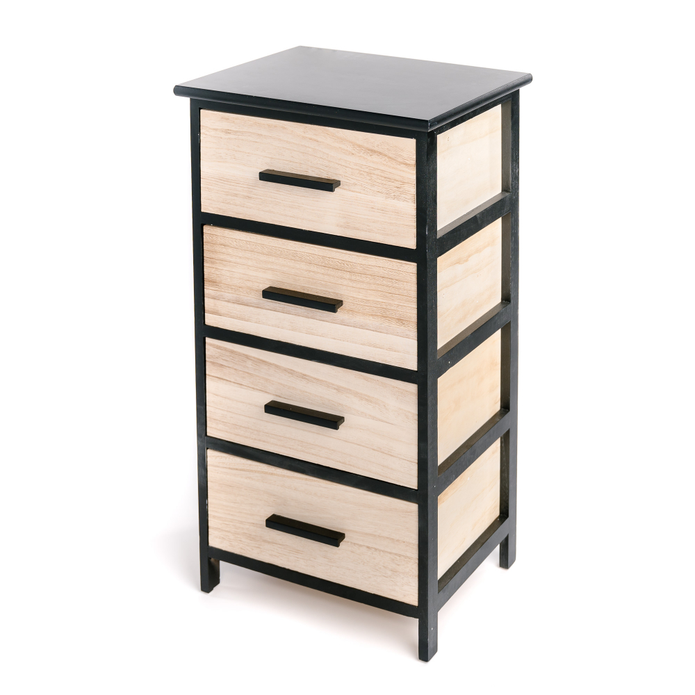 Meuble de rangement, table de nuit chevet, chiffonnier bois noir et beige 4 tiroirs scandinave 40x29x73cm- meuble de chambre