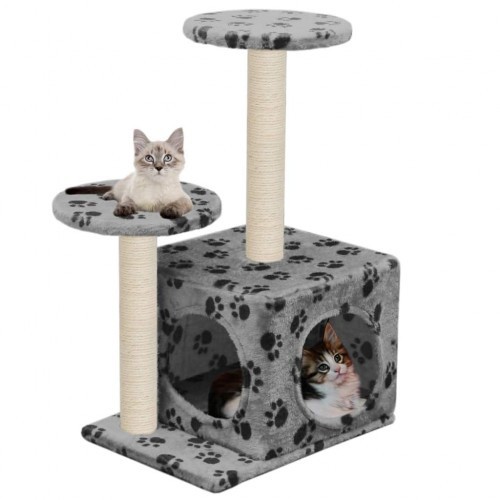 Arranhador para gatos com sisal e estampa de patas cinzentas.