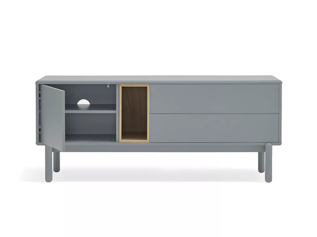 Corvo - Meuble tv 1 porte 1 niche et tiroir en bois L140cm : Couleur - Gris perle