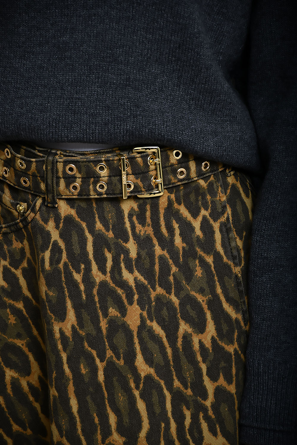 Leopard denim wrap midi skirt