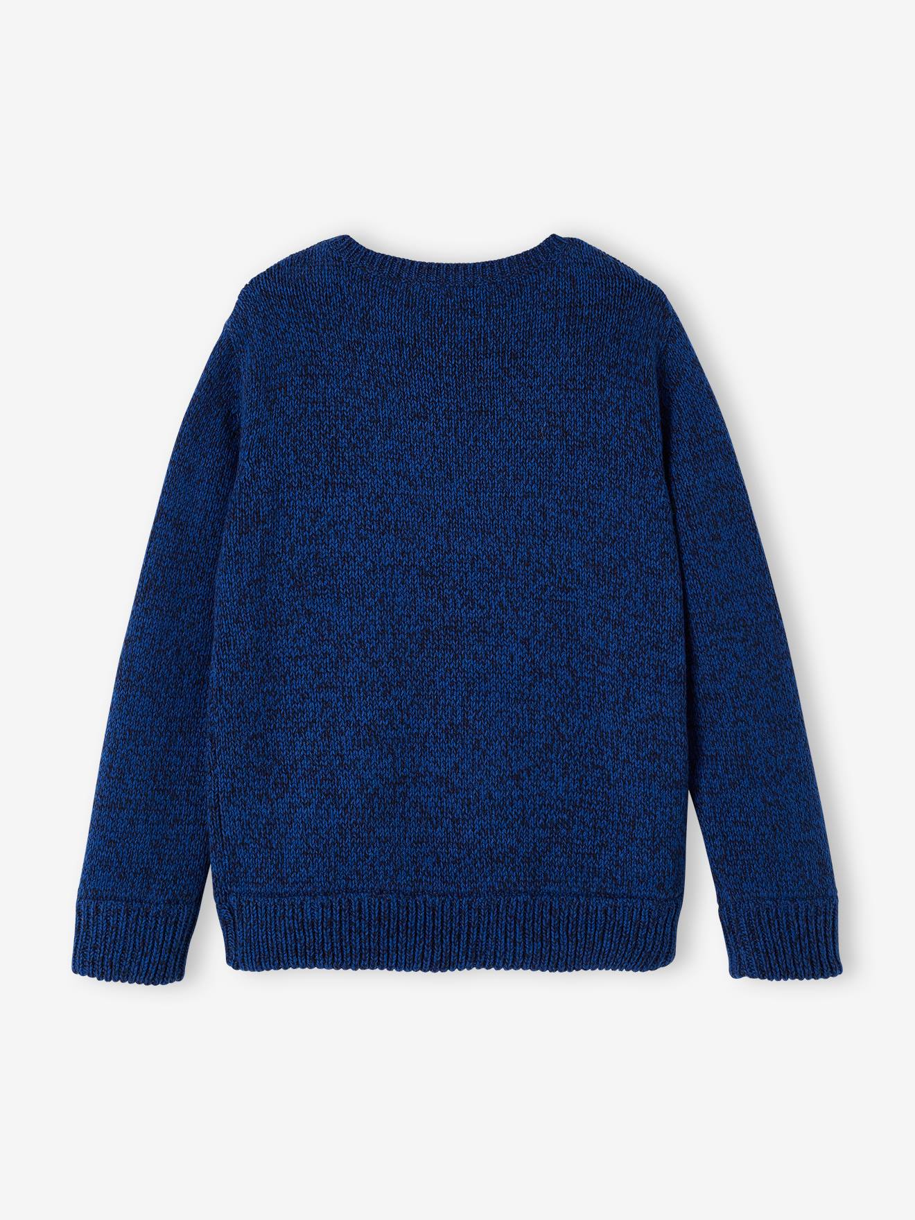 Suéter de malha mesclada com estampa frontal para meninos, azul escuro