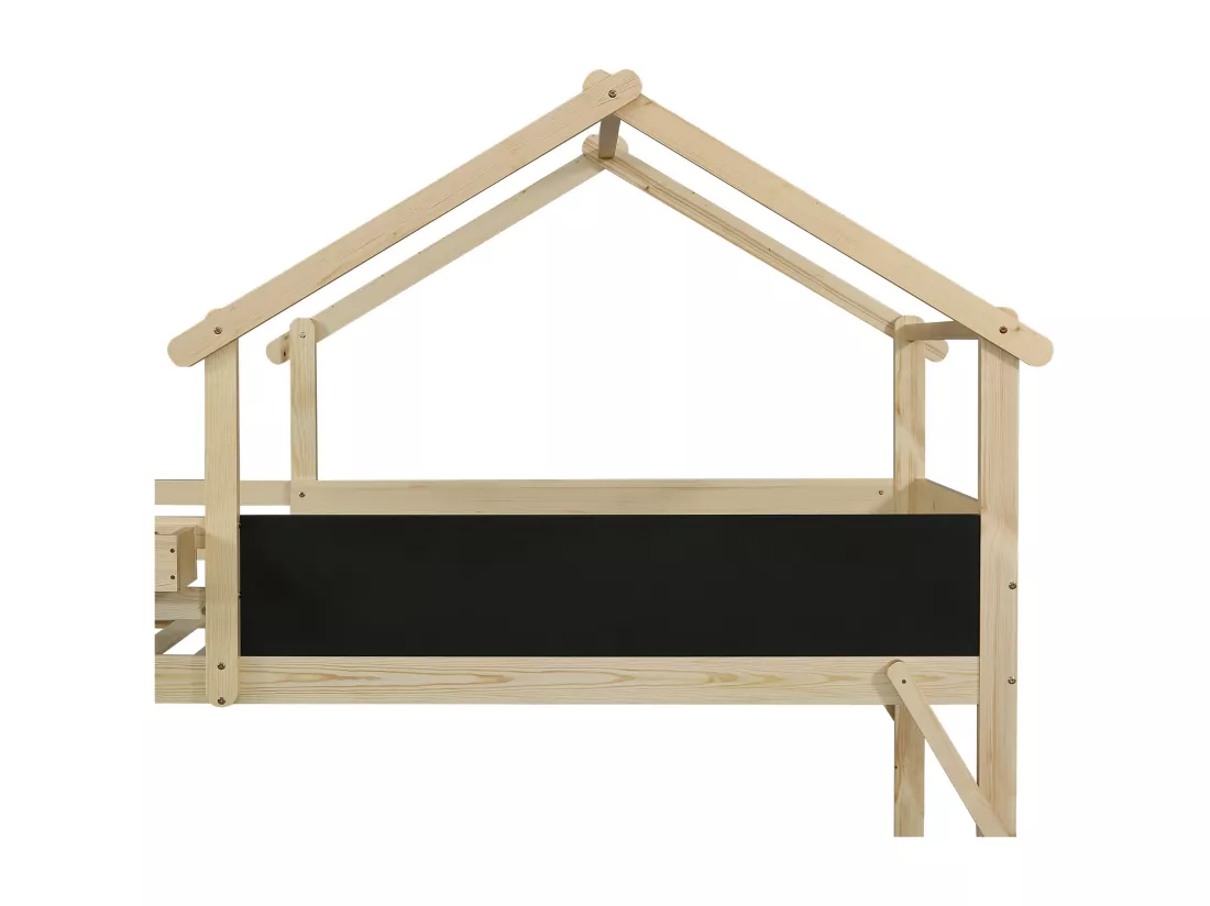 Lit mezzanine 90x200cm en bois - avec tableau noir et escalier de rangement - Naturel