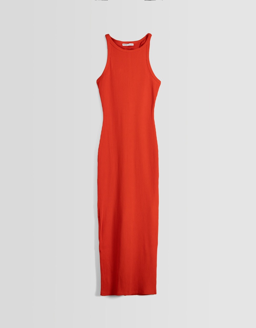Vestido midi canelado sem mangas