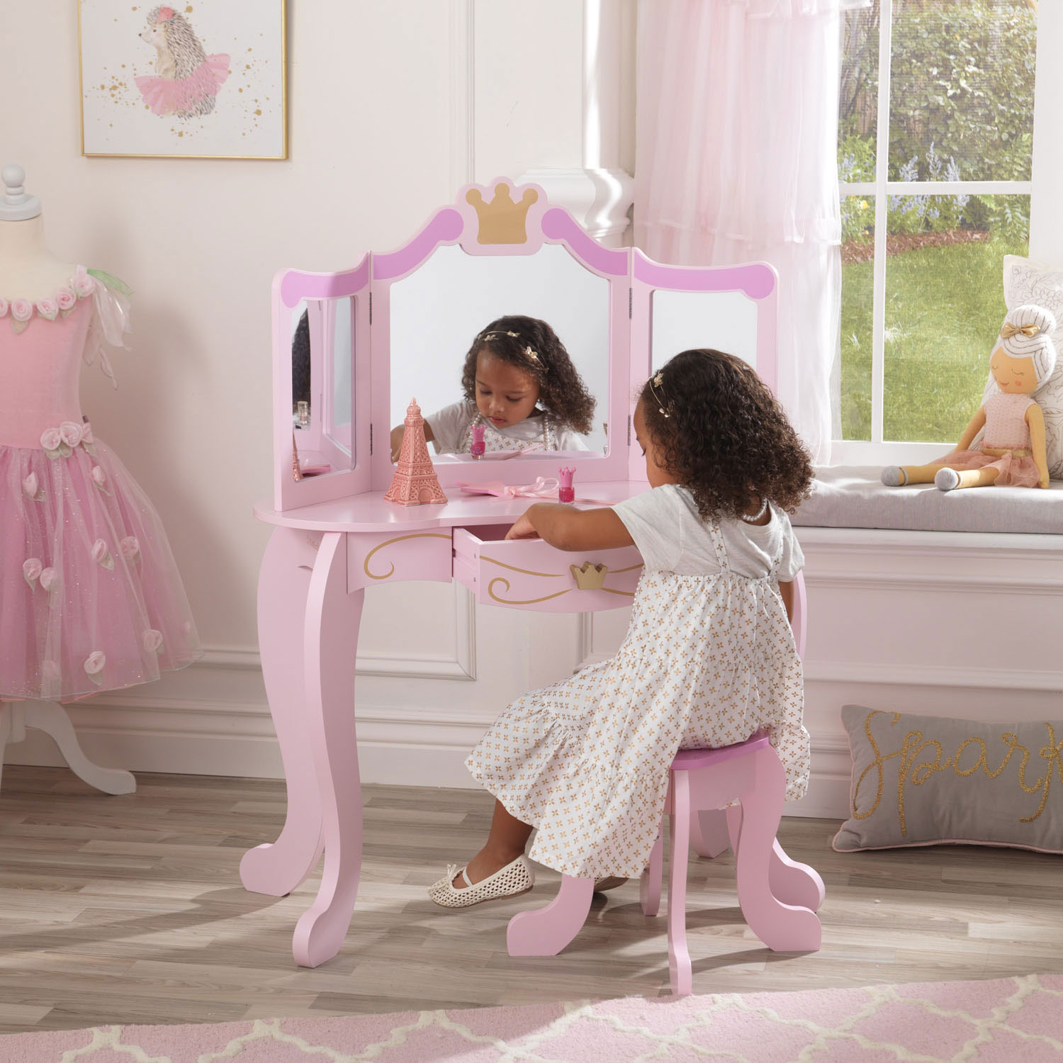 KidKraft Houten Kaptafel Prinses met Kruk Roze
