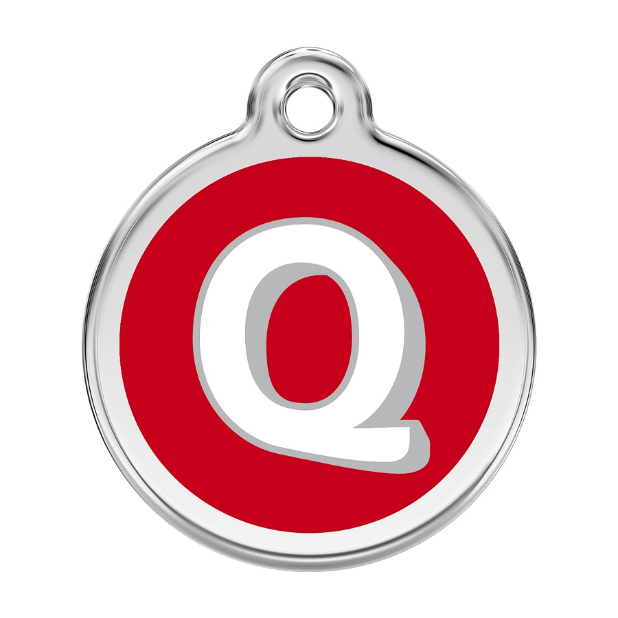 Placa de identificação para cães em aço inoxidável esmaltado com a letra Q do alfabeto, vermelha.