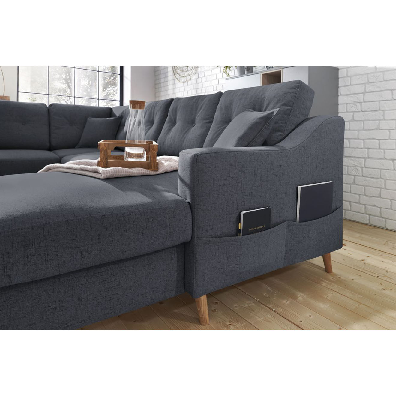 Bobochic Canapé d'angle panoramique convertible droit Sweden bleu foncé - 300x149/90/198x95 cm