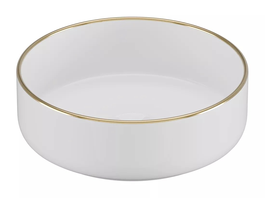 Vasque à poser ronde en céramique - Blanc avec liseré doré - 36 cm - LENISO II