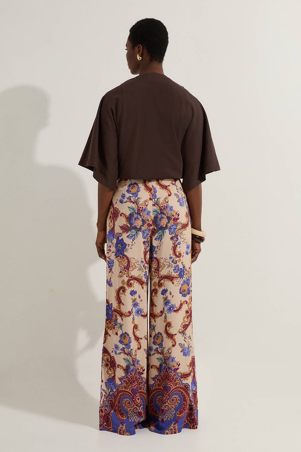 KarenMillen Pantalon large tissé en viscose et lin premium avec imprimé paisley sur bord