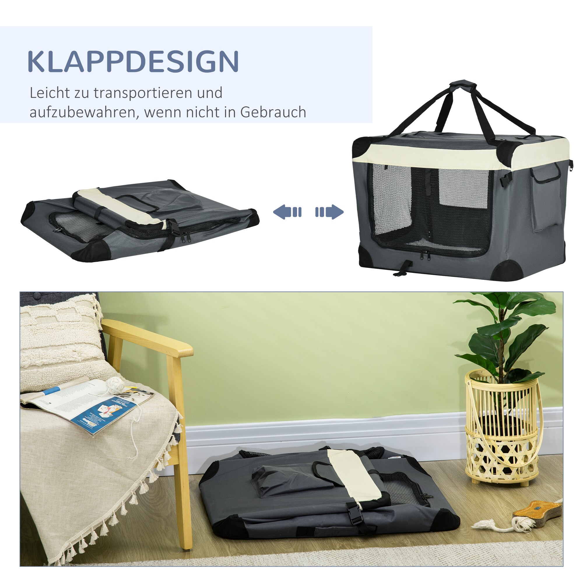 PawHut Tragetasche mit Kissen grau, schwarz 70L x 51B x 50H cm