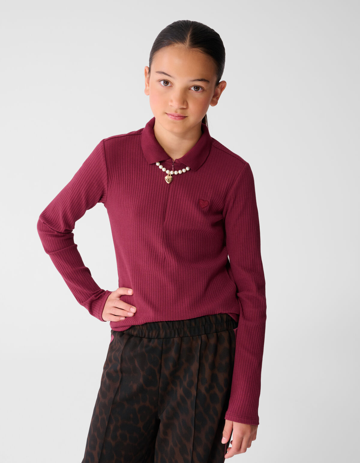 Collar Zip Longsleeve Top Donkerrood