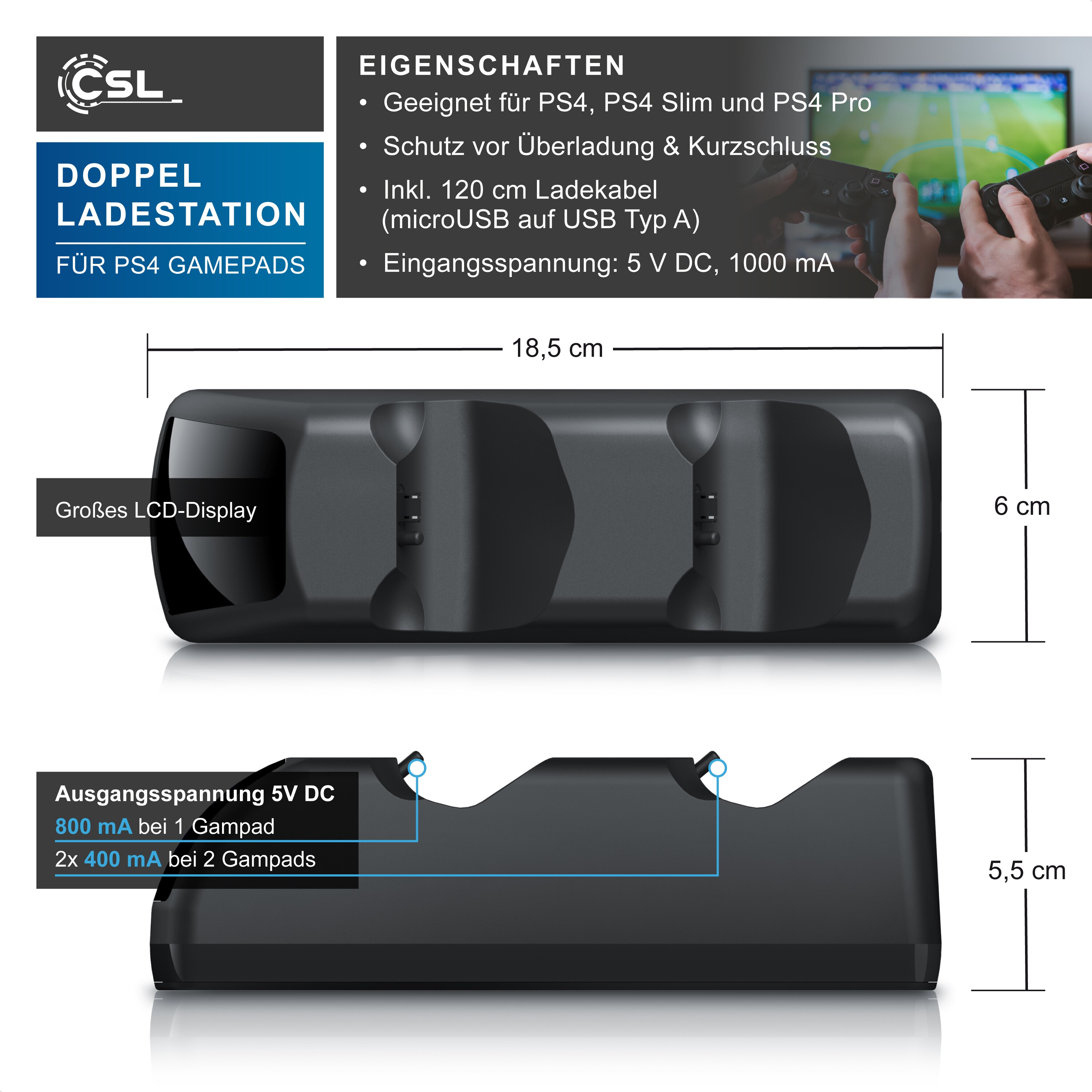 CSL Dual Ladestation für 2x PS4 Gamepads - PS4 Controller Stand Charger / Ladegerät
