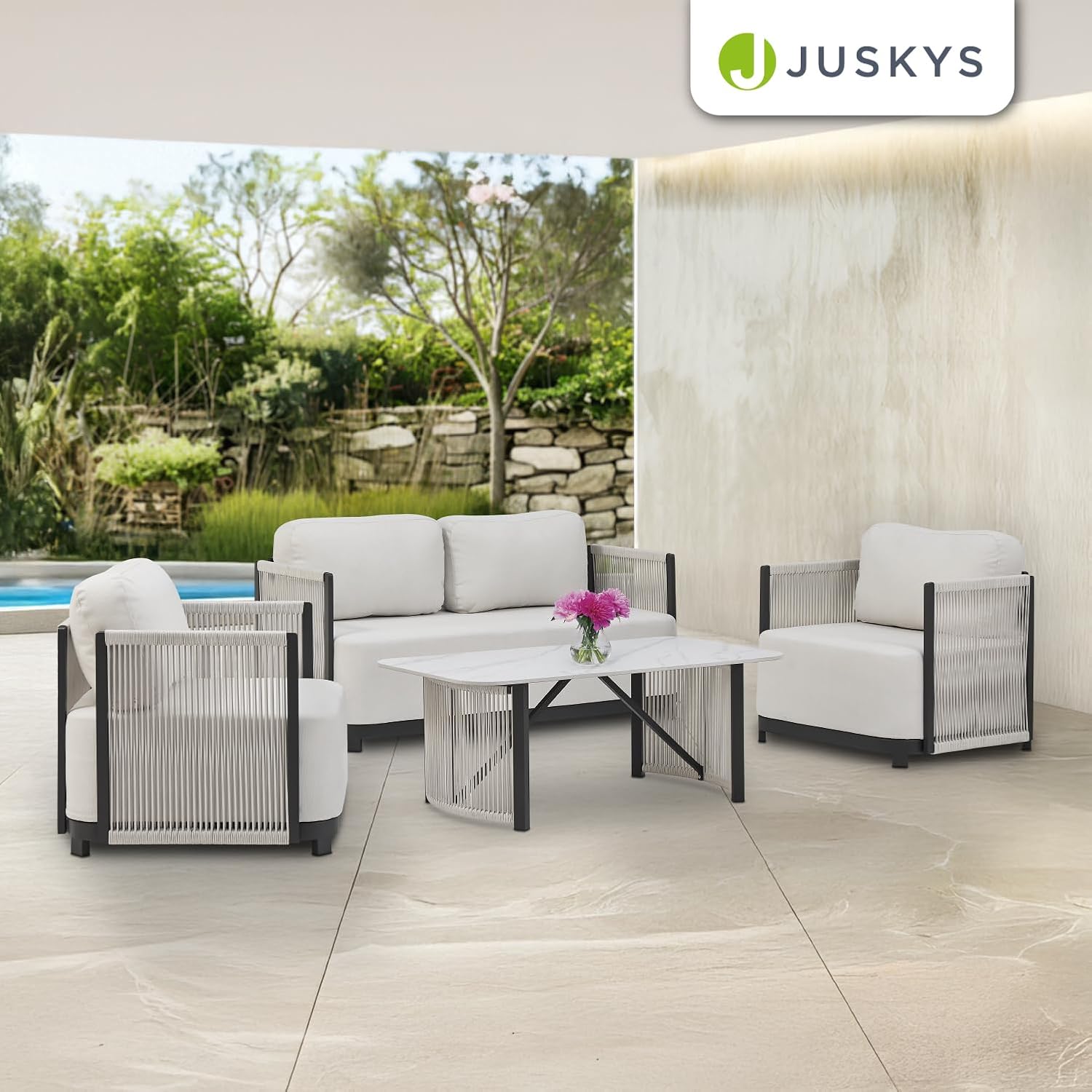 Juskys Premium Outdoor Lounge Curacao - Modernes Gartenmöbel Set, wasserabweisendes Olefin, wetterfest - Möbel für Garten & Terrasse, Gartenlounge
