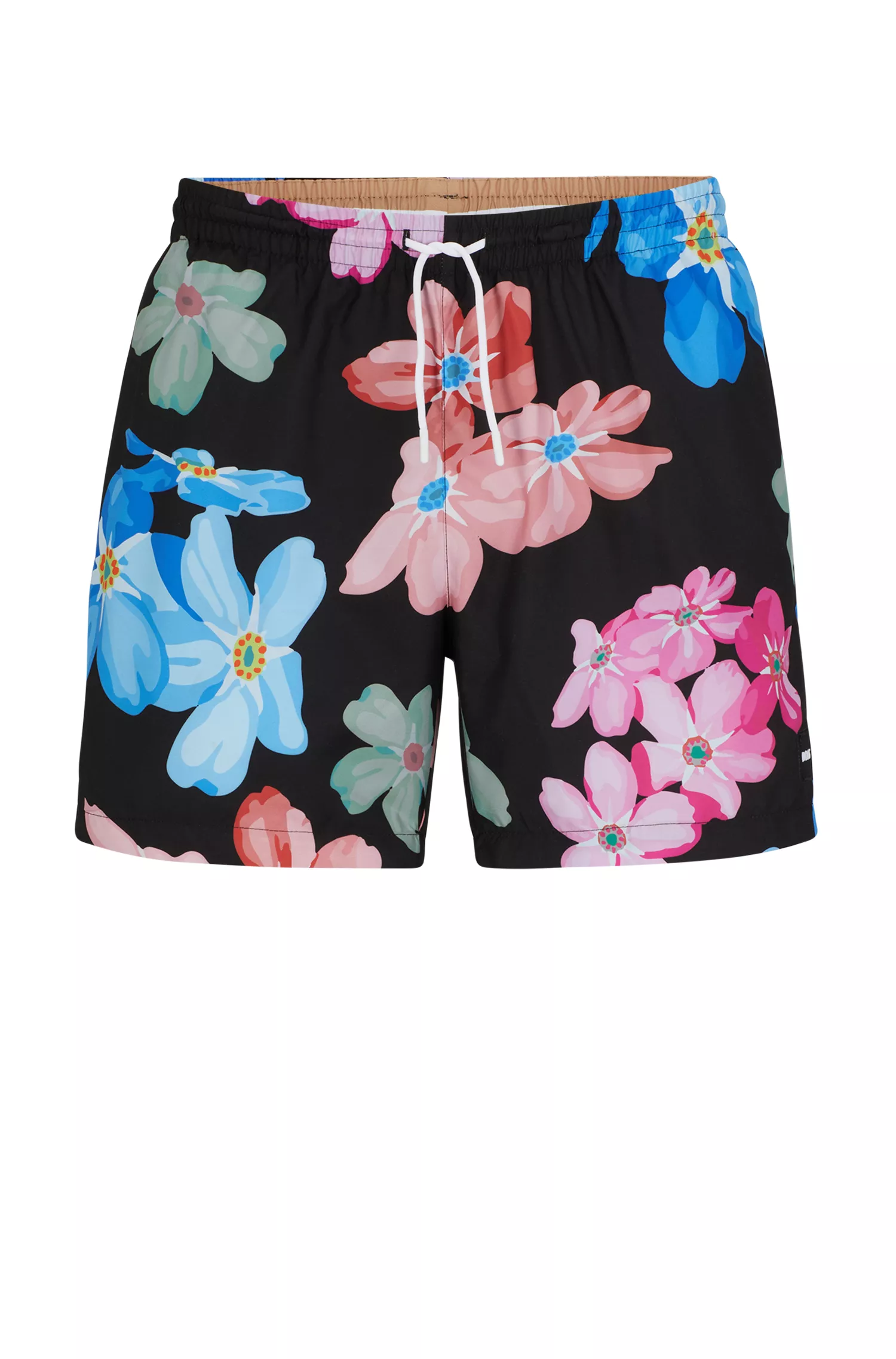Calção de banho BOSS preto com estampa floral e detalhe do logotipo.