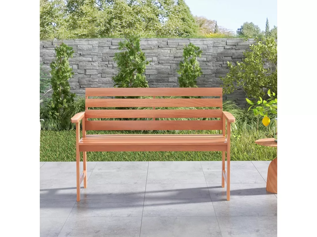 Banc de Jardin en Bois Massif, Banc d'Extérieur à 2 Places avec Accoudoirs, Siège à Lattes pour Parc, Porche, Cour, Charge 180 KG, 120,5 x 64 x 84 CM (L x l x H), Naturel