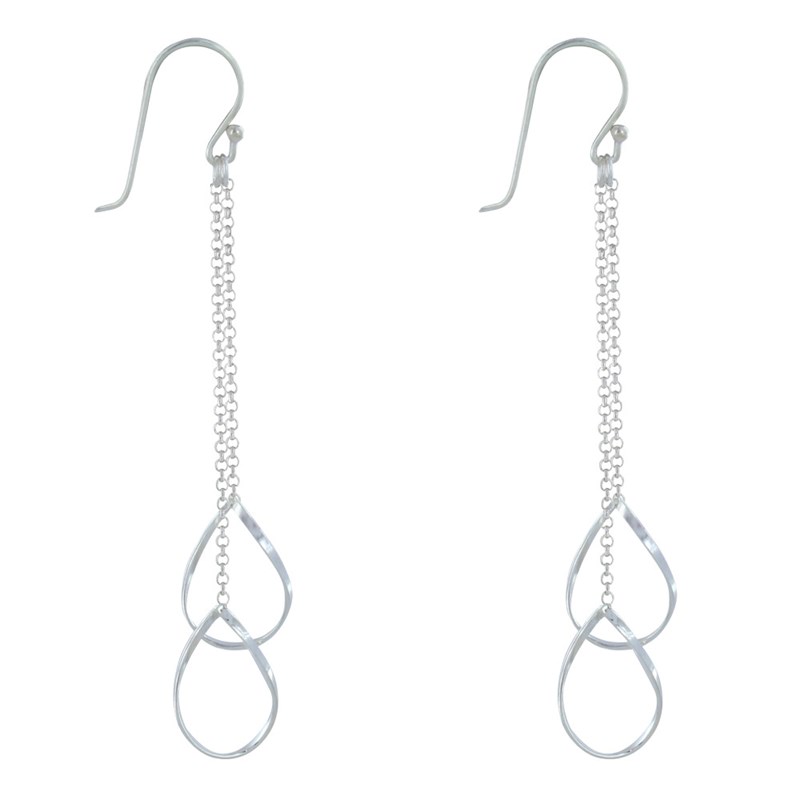 Boucles d'Oreilles Argent Deux Chainettes et Gouttes Ajourées