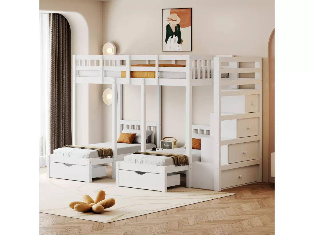 Lits superposés triples 90 x 200 cm + 2 x 70 x 140 cm avec 5 tiroirs, table de chevet et escalier - Bois massif et MDF - Blanc
