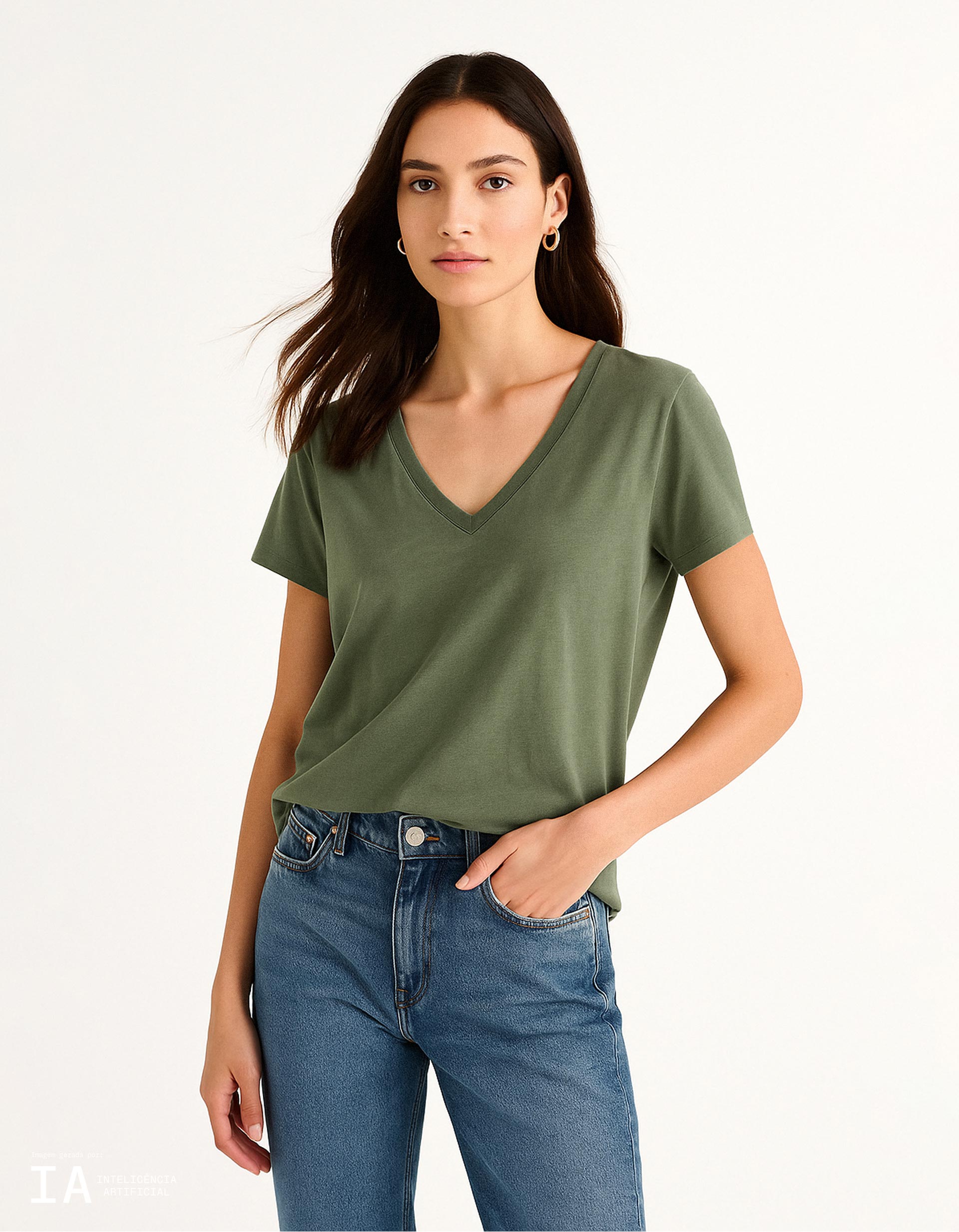 T-shirt Decote em V, Mulher, Verde Escuro