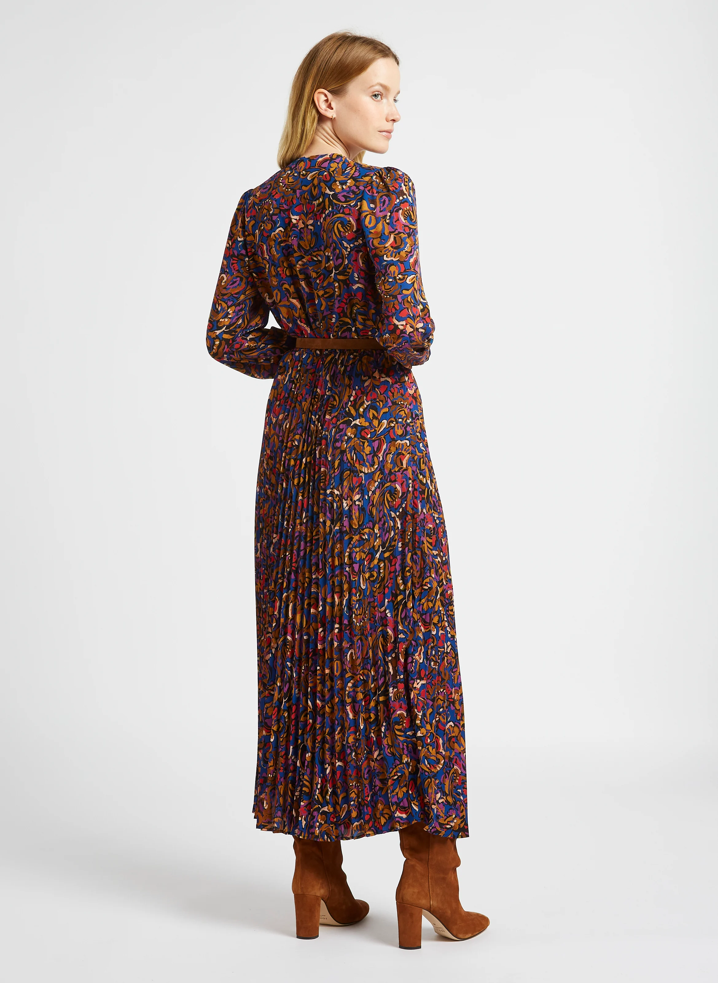 Robe longue droite encolure V imprimée | Marron