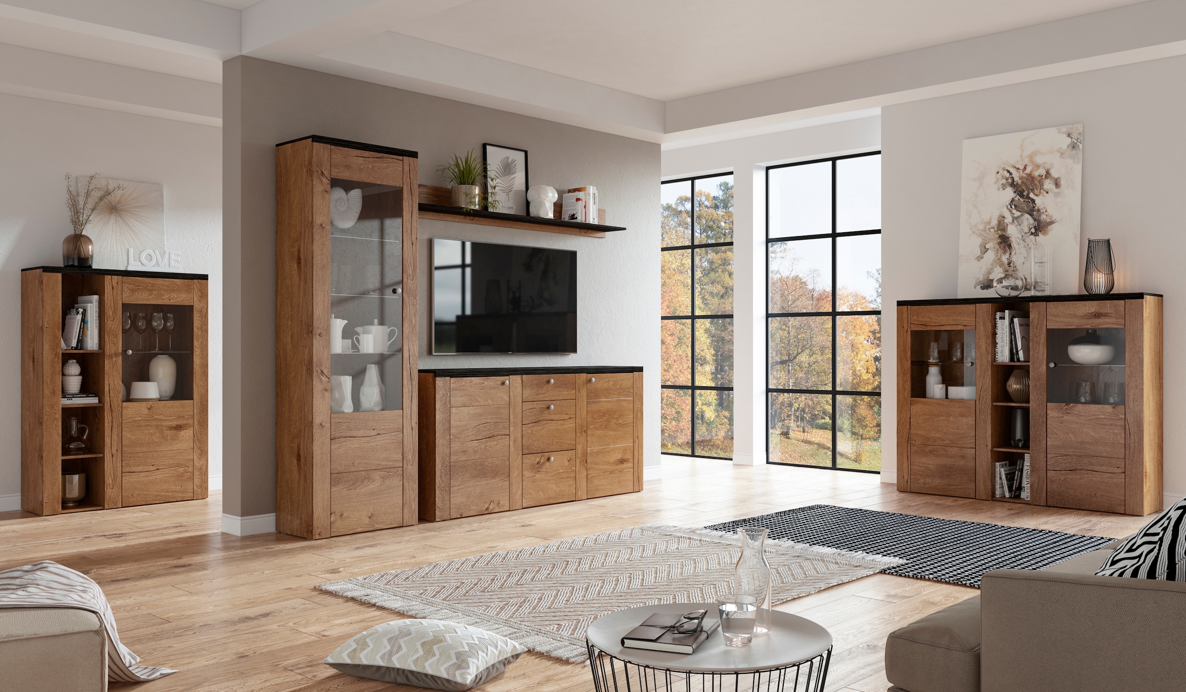 Home affaire Highboard »Larona, zeitlose Hochkommode mit 2 Türen, Türkommode, Höhe 129,5 cm,« Anrichte mit dekorative Rahmenoptik, Türen mit Glaseinsatz
