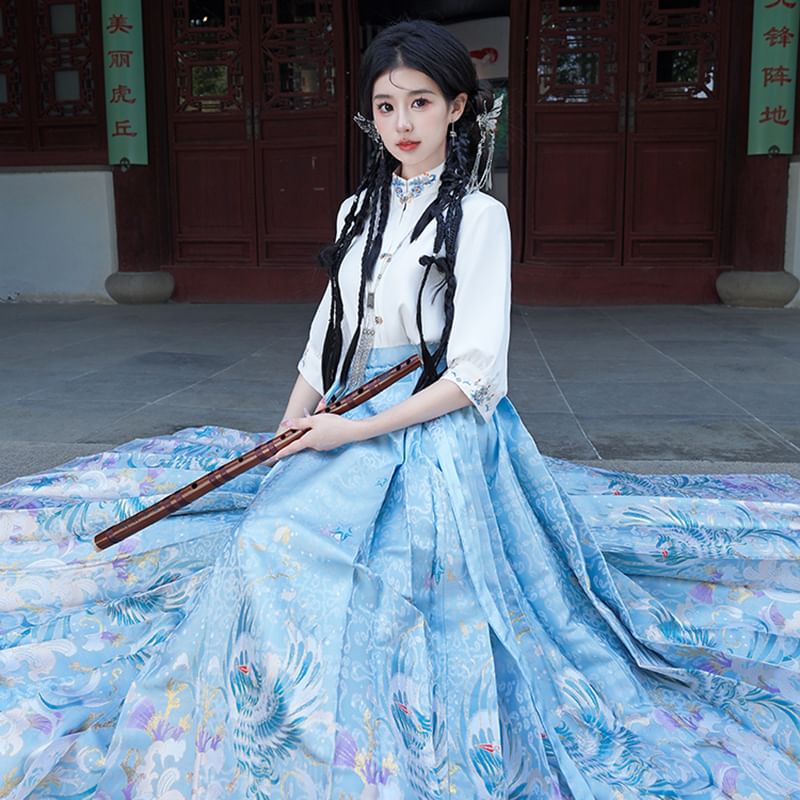 Fioridi - Hanfu-top met elleboogmouwen, bloemenborduursel en knoopjes / Midi-rok met hoge taille en feniksprint
