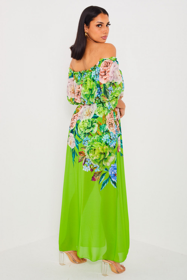 Robe verte longue en voile à fleur
