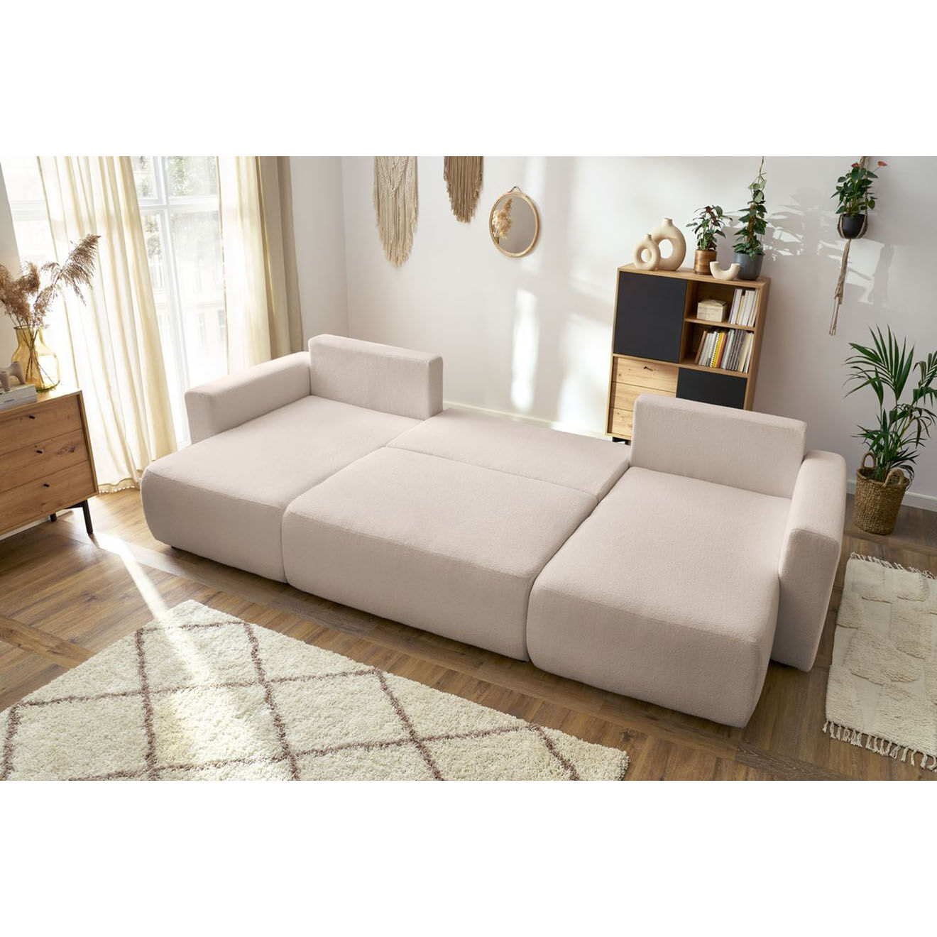 Bobochic Canapé panoramique convertible coffre bouclette envy beige - 386x153x95 cm