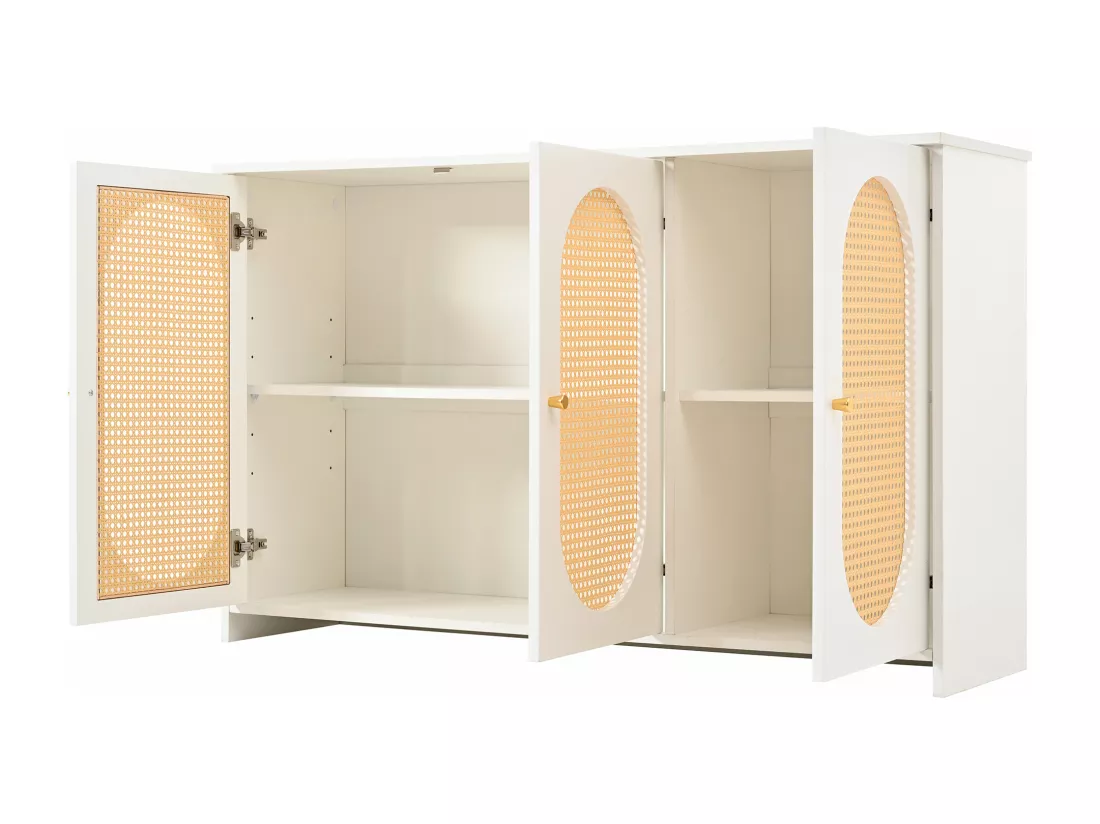 Buffet 3 portes en rotin avec étagères réglables - en MDF - Blanc