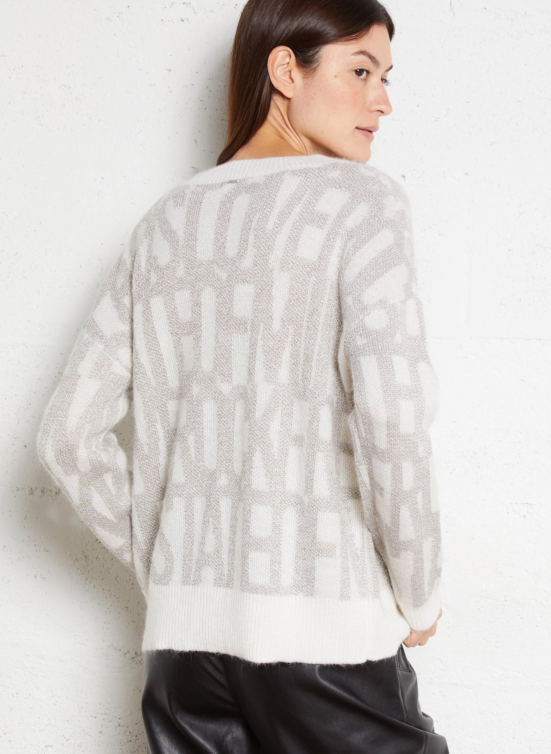 Pull ample col rond jacquard en maille métallisée | Blanc