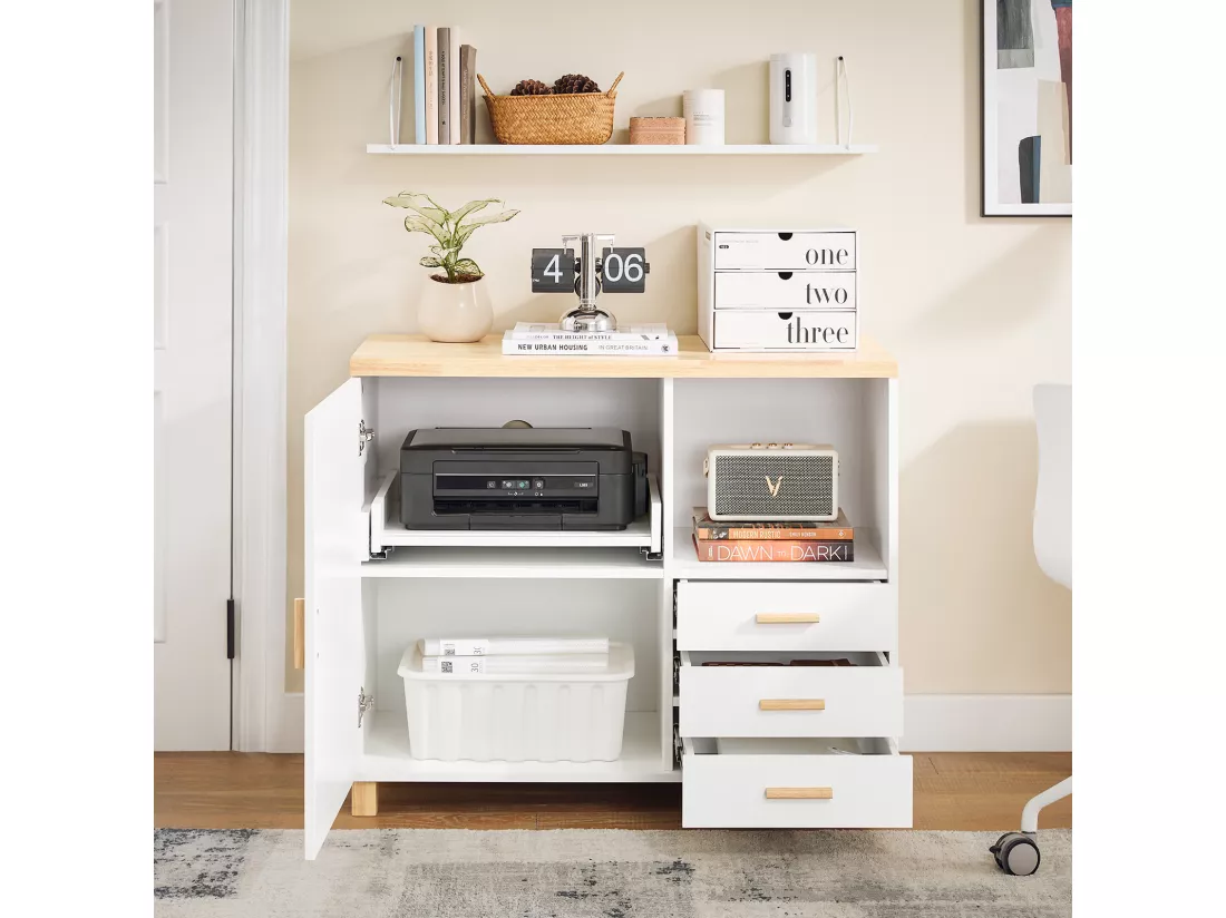 SoBuy ASK07-WN Caisson de Bureau, Support Imprimante, Organiseur Bureau, Meuble de Rangement Bureau, Caisson de Rangement avec Tiroirs, – 90x45x75 cm