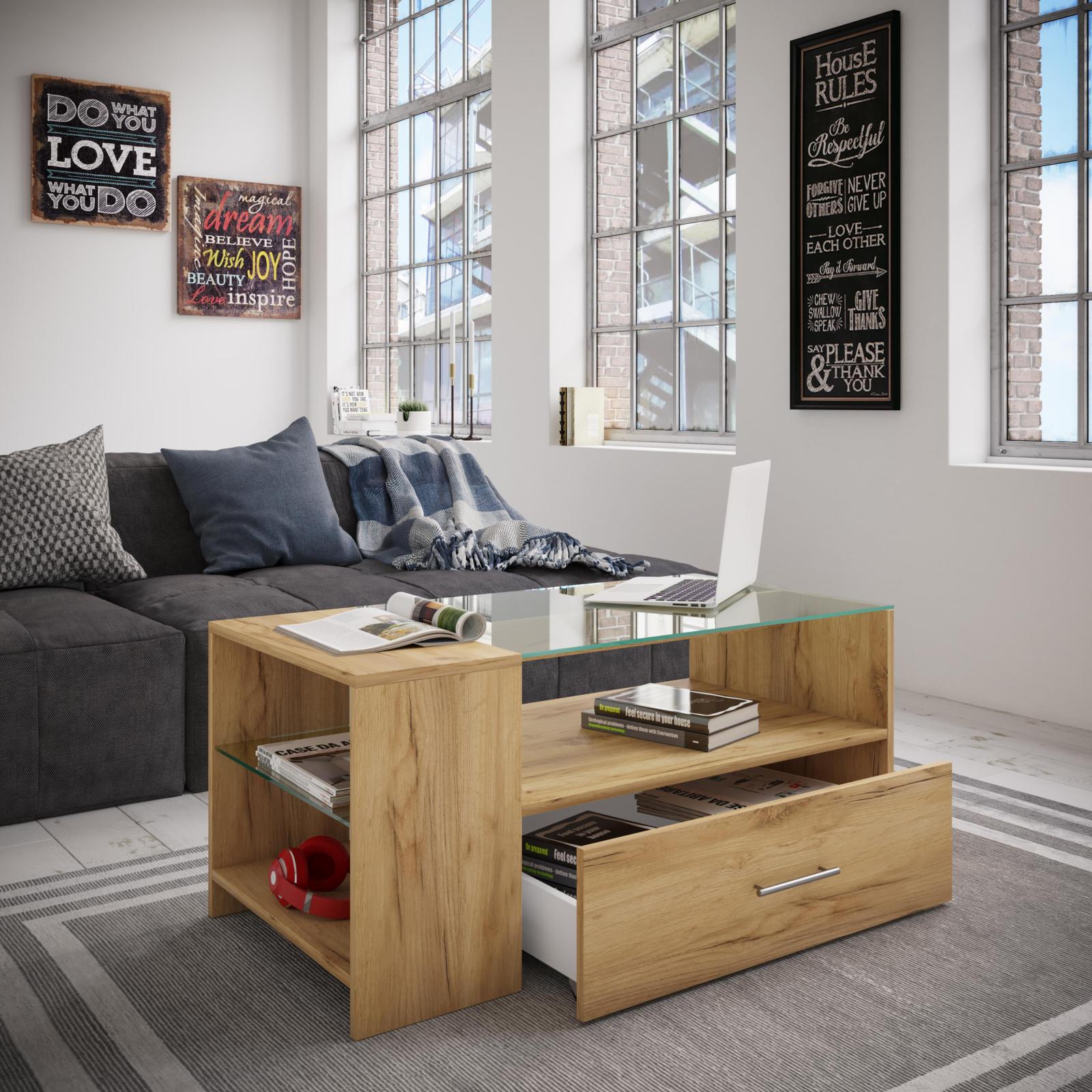 Couchtisch TINDALA - Honig-Eiche - Schubkasten - 100 cm