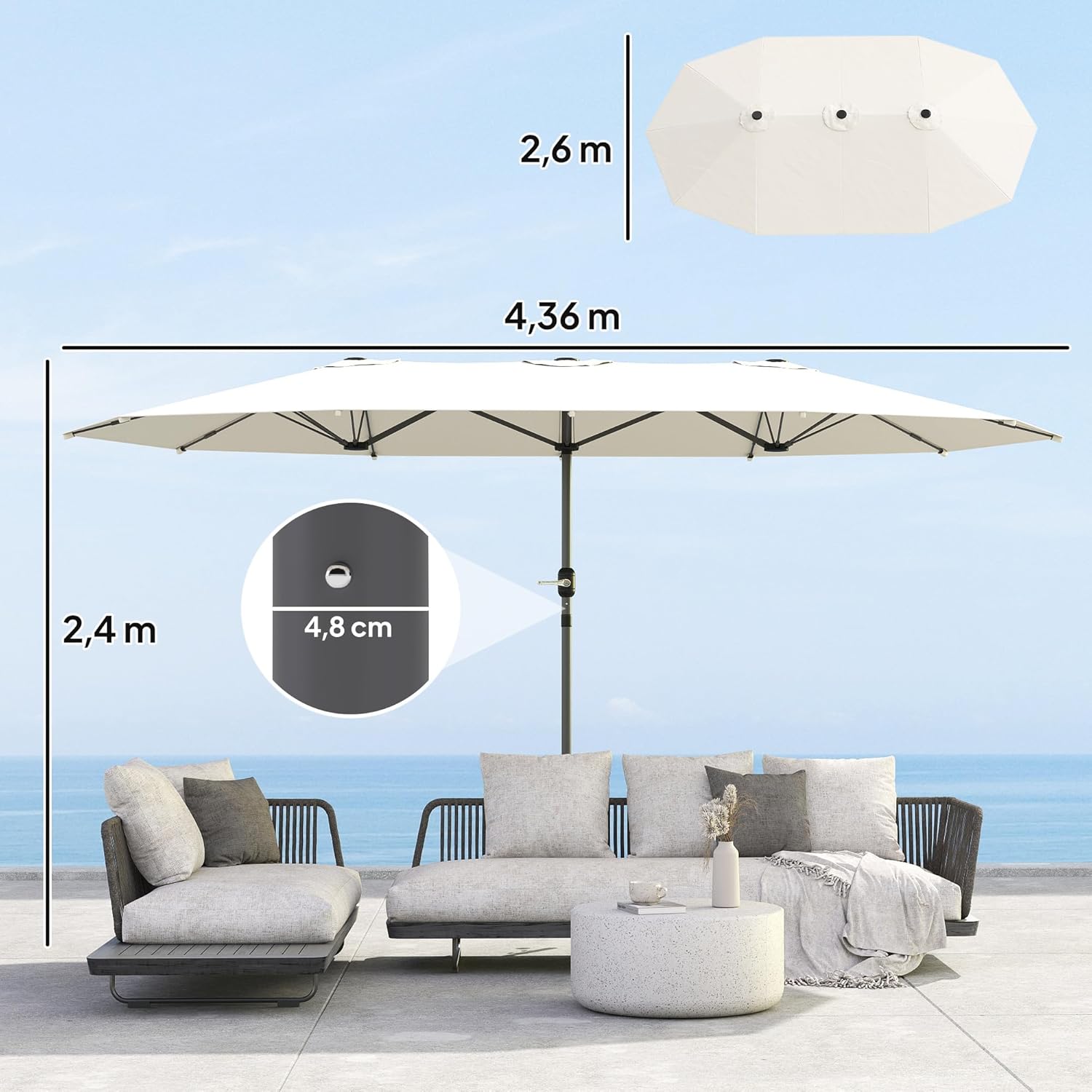 Outsunny Doppelsonnenschirm 436 x 260 cm, UV Schutz Stahl Sonnenschirm mit Handkurbel, oval Balkonschirm Strandschirm windfest stabil Marktschirm Kurbelschirm für Strand Balkon Garten