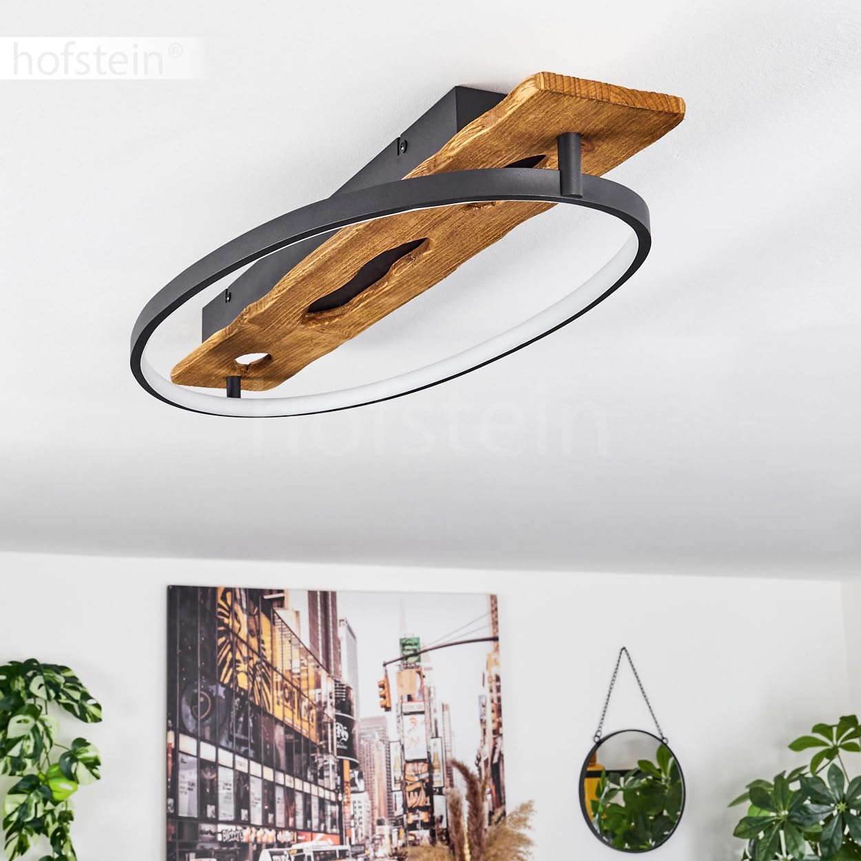 LED Deckenleuchte Nevogilde, moderne Deckenlampe aus Metall/Holz/Kunststoff in Anthazit/Natur/Weiß, Leuchte 1-flammig im skandinavischen Design mit Holzbalken, 2400 Lumen, 3000 Kelvin, LED 20 Watt