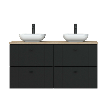 Tiger Maryport Badkamermeubelset 120 cm Mat zwart met licht eiken houten wasblad, keramische opzetkommen en matzwarte grepen