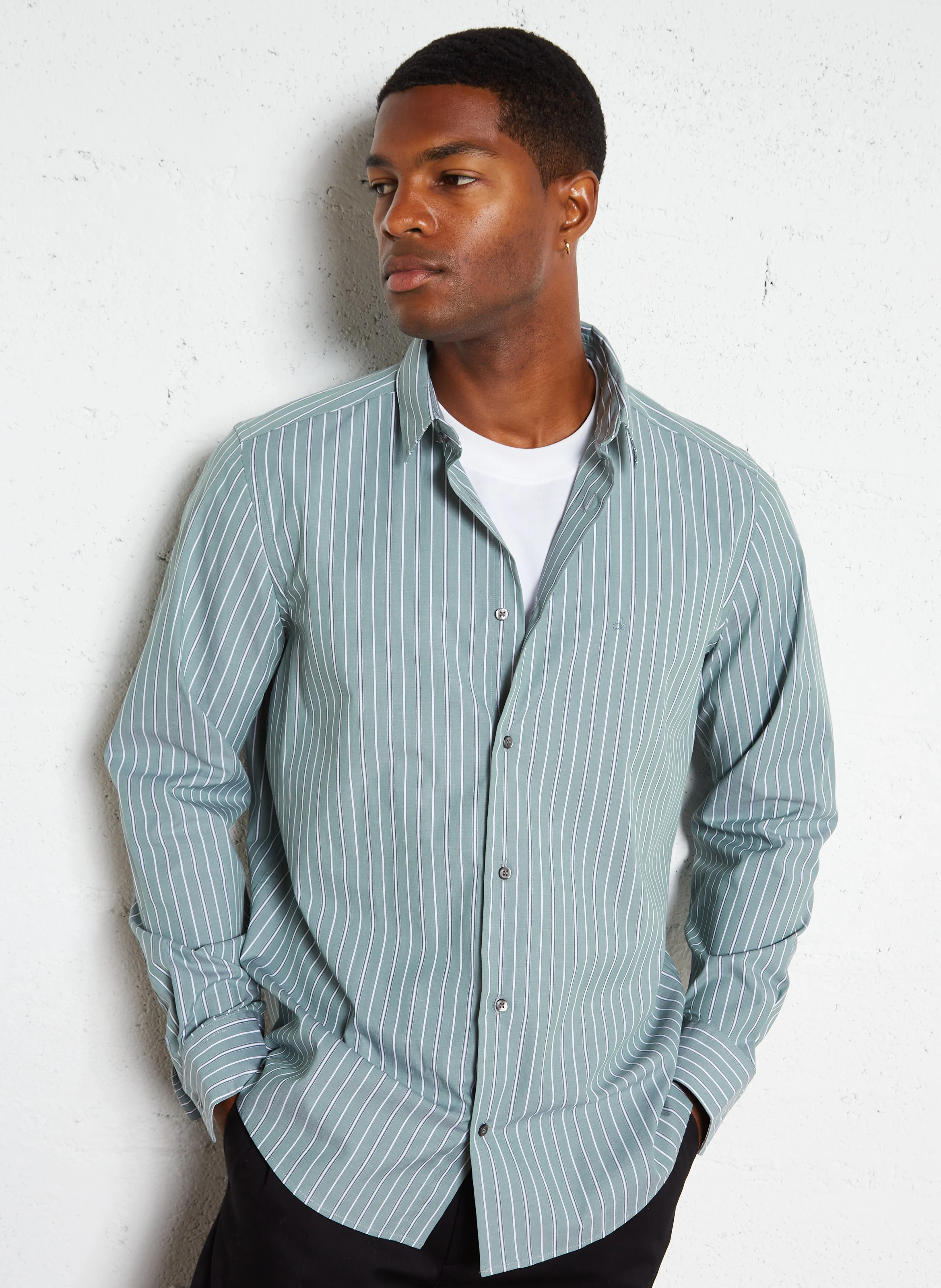 Chemise droite rayée en coton bio mélangé | Vert