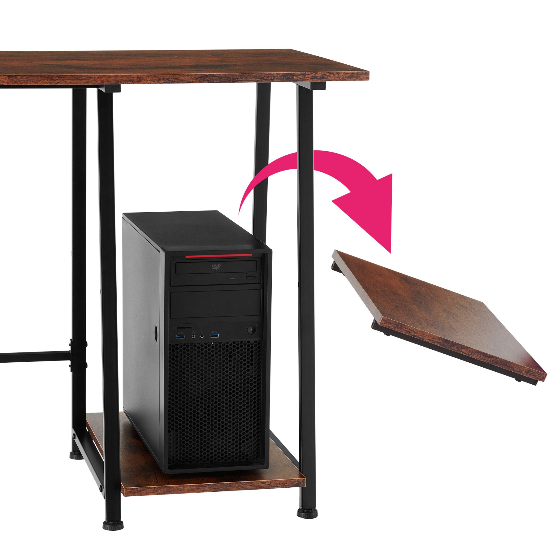tectake® Schreibtisch, Industrial Style, trapezförmiges Gestell, Seitenregal mit 2 Ablagefächern, 120 x 50 x 73,5 cm