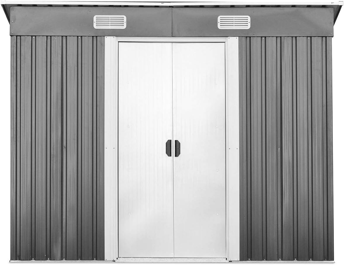 COSTWAY Gerätehaus Metall, Gartenhaus mit 2 Schiebetüren, Geräteschuppen Outdoor, Garten Schuppen mit Pultdach, Gartengerätehaus Geräteschrank, 238x131x181cm, Grau