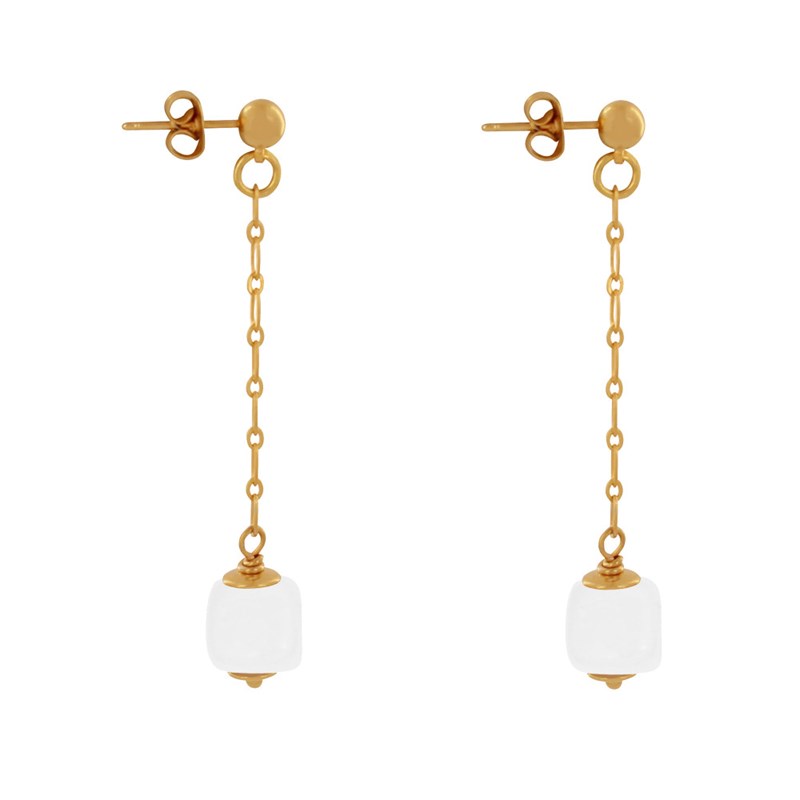 Boucles d'Oreilles Chainette Laiton Doré et Cube en Céramique