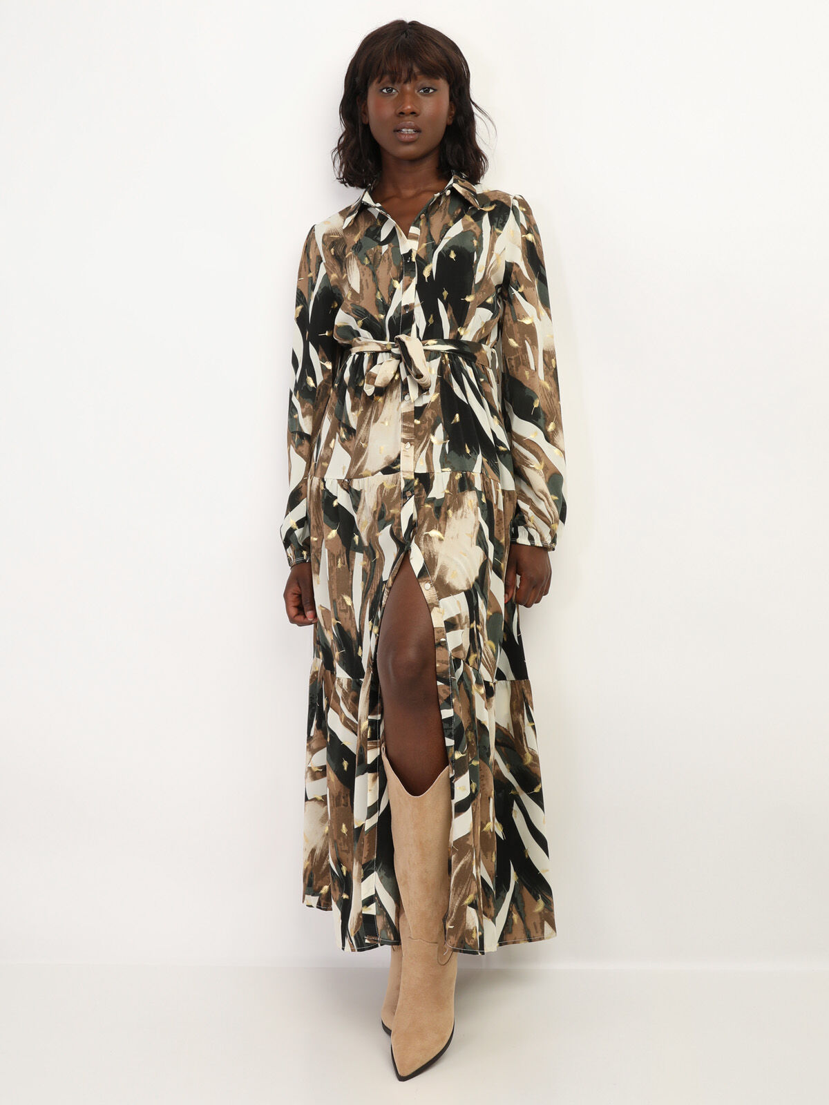 Robe chemise longue et fluide à motifs- Kaki