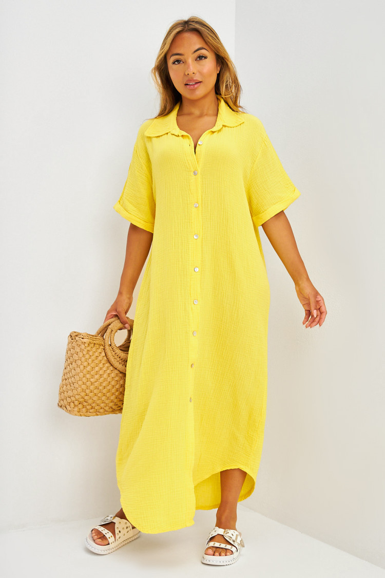 Robe longue maxi chemise en gaze de coton jaune