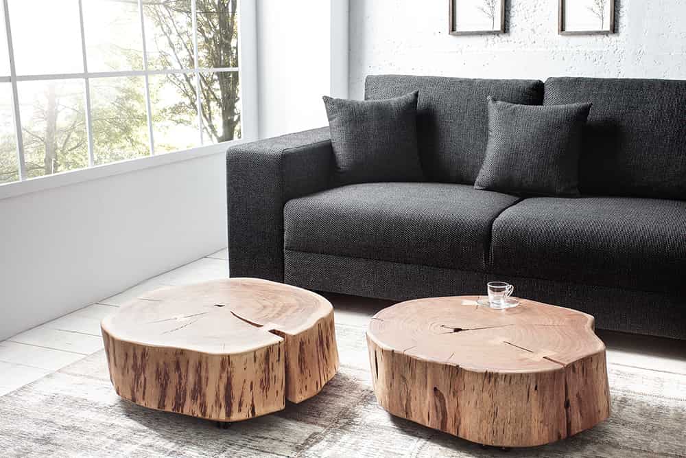 Baumstamm Couchtisch GOA 60cm natur Akazie Massivholz rund mit Rollen Unikat