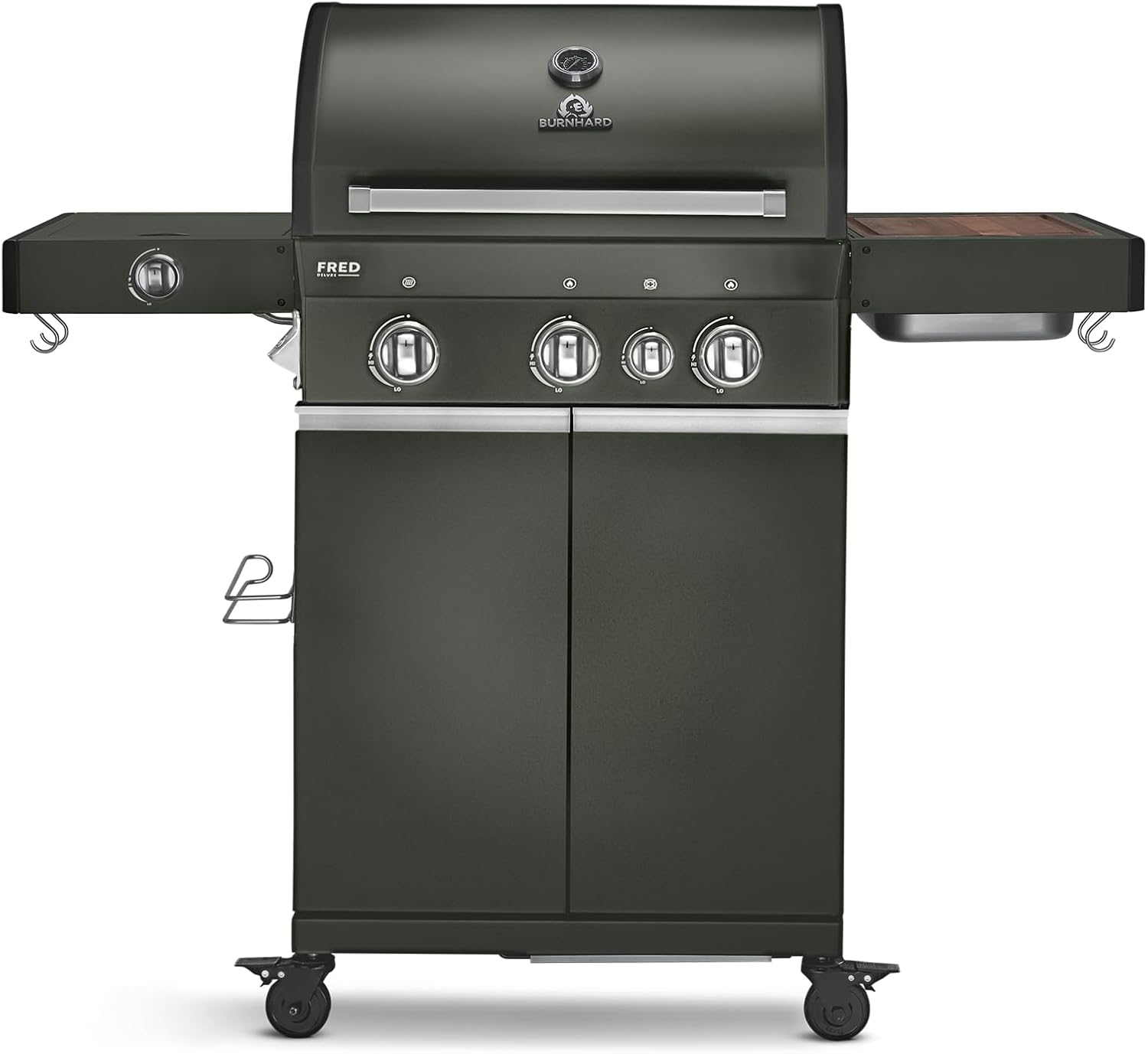 BURNHARD® Gasgrill 3-Brenner inkl. BACKBURNER, 900°C Infrarot-Keramikbrenner, Seitenkochfeld, Gusseisen-Grillrost, Grillabdeckung, Grillwagen, klappbare Seitentische – FRED GREEN