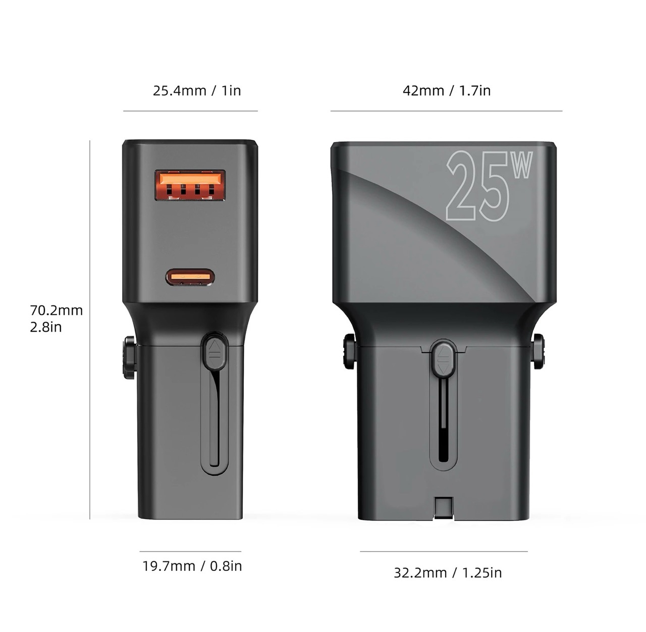 (25W) USB C / USB A  Ladegerät Netzteil World Travel Adapter EU / UK / USA / Japan / Australien / China (TAD25-2P-BLK) - Schwarz