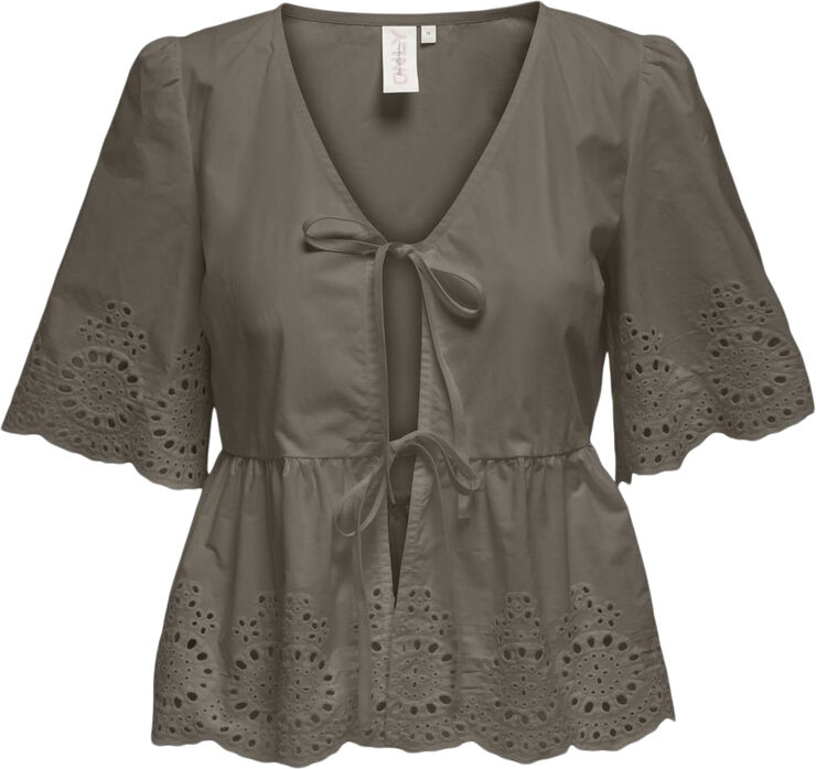 ONLY ONLMILIA SS V-NECK BOW EMB TOP WVN Walnut