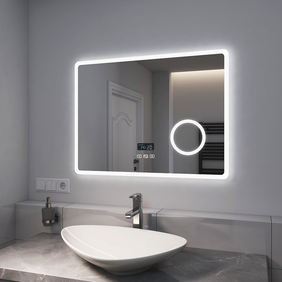 EMKE Badkamerspiegel met verlichting, LED-spiegel met aanraakschakelaar, anti-condens, Bluetooth, 3x vergroting, 80 x 60 cm, koud wit/warm wit/neutraal wit