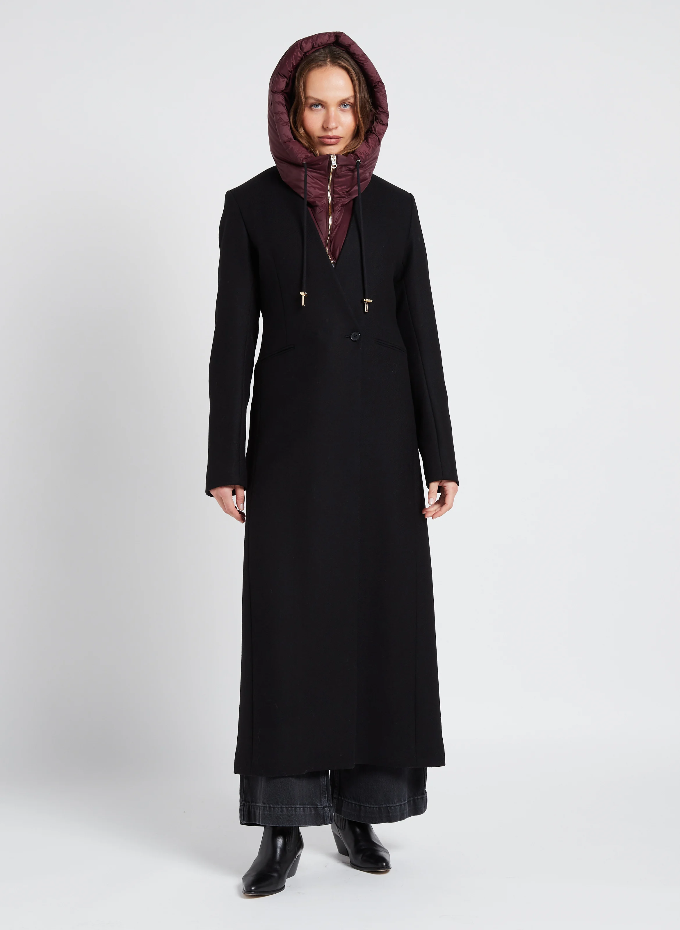 SOLO - Manteau col V en laine mélangée| Noir