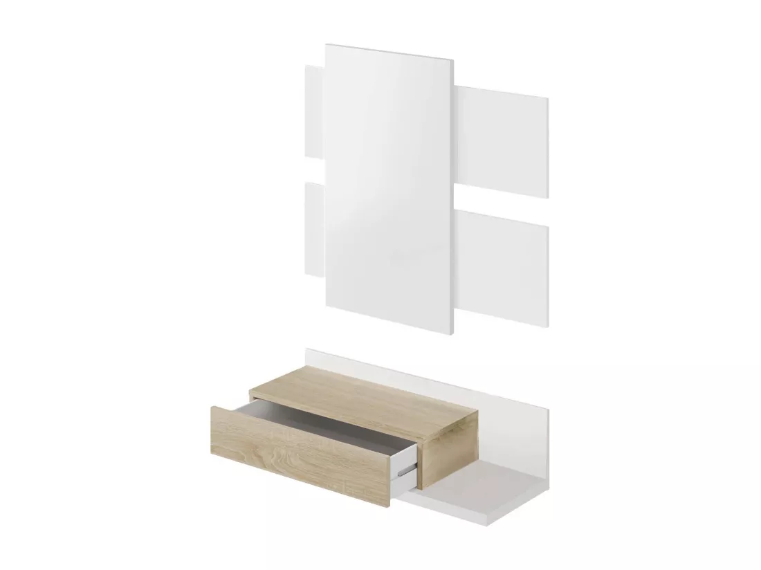 Meuble d'entrée Dcori, Entrée suspendue avec miroir, Meuble d'entrée avec tiroir, 75x29h90 cm, Blanc et Chêne