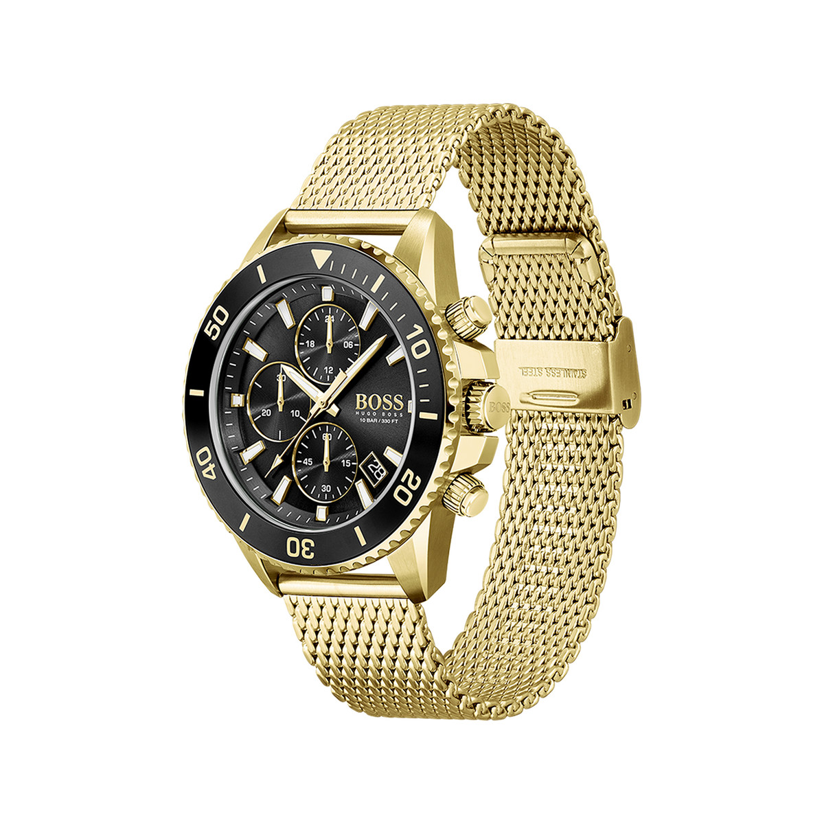 Montre Boss homme chronographe acier doré jaune maille milanaise